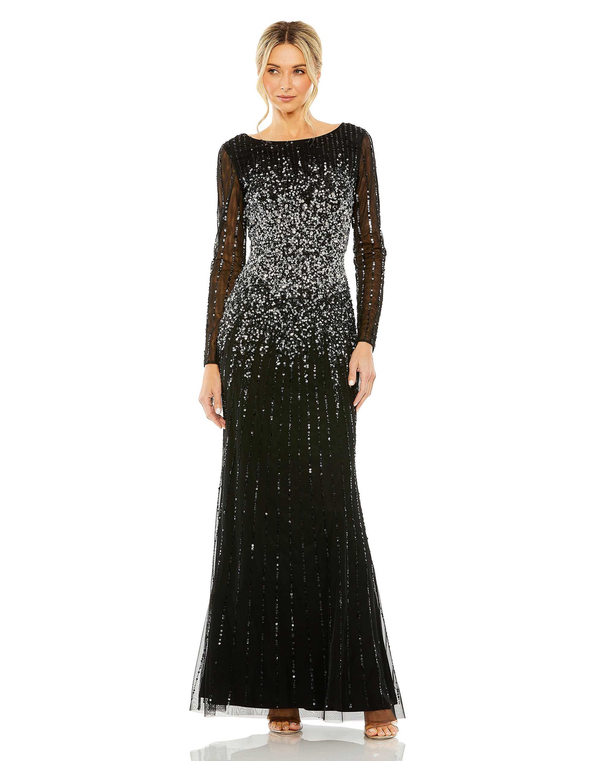 High Neck Sequin Embellished Long Sleeve A Line Gown | Mac Duggal