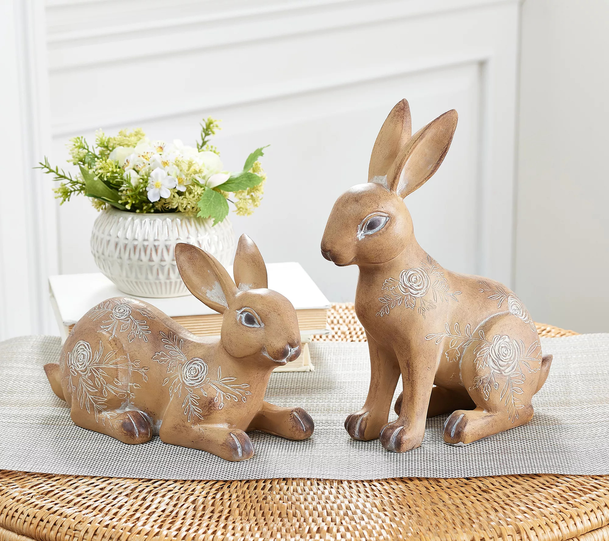 Set of 2 Garden Bunny Figures with Floral Accent by Valerie | QVC