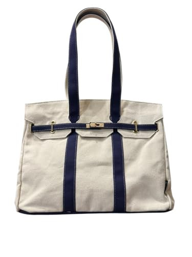 Dallas Hill Coastal Canvas Tote Bag for Women with Navy Straps, Durable Heavyweight Canvas Shoulder Handbag with Gold Buckle Closure & Feet Large Travel Work Carryall with Interior Pocket, 16"x10"x8" | Amazon (US)