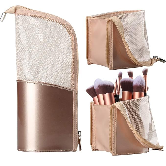 Travel Makeup Brush Bag, Portable Rose Gold Makeup Brush Holder Organizer Bag Waterproof Stand-Up... | Amazon (US)