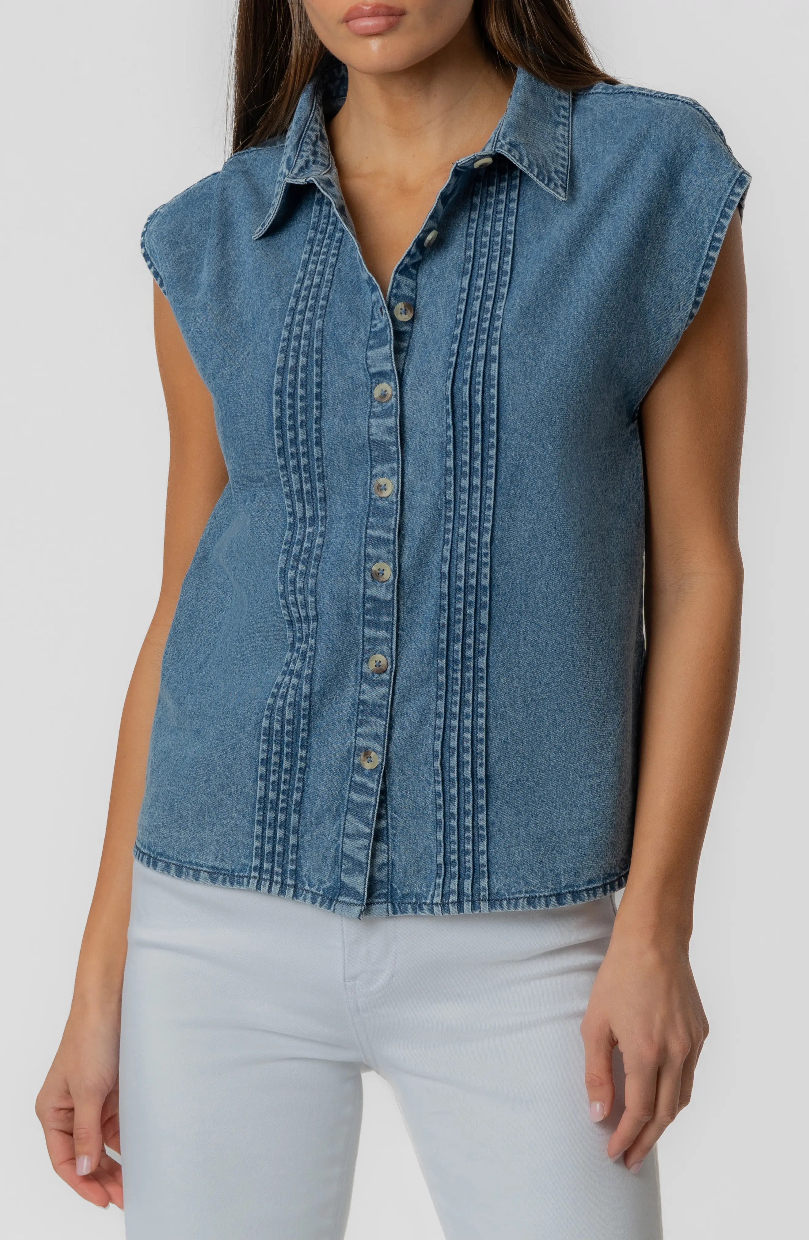 Penelope Pintuck Cap Sleeve Denim Shirt (Women) | Nordstrom | Nordstrom
