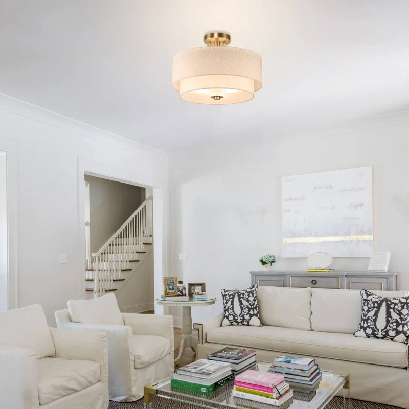 3-Light Semi Flush Ceiling Light With 2 Tier Drum Shade Brushed Brass For Bedroom Living Room | Wayfair North America