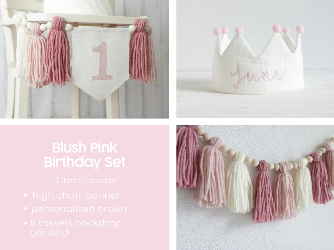 Blush Pink Girl's Birthday Party, High chair banner, Blush Pink cake smash, Tassel bunting, Girl ... | Etsy (US)