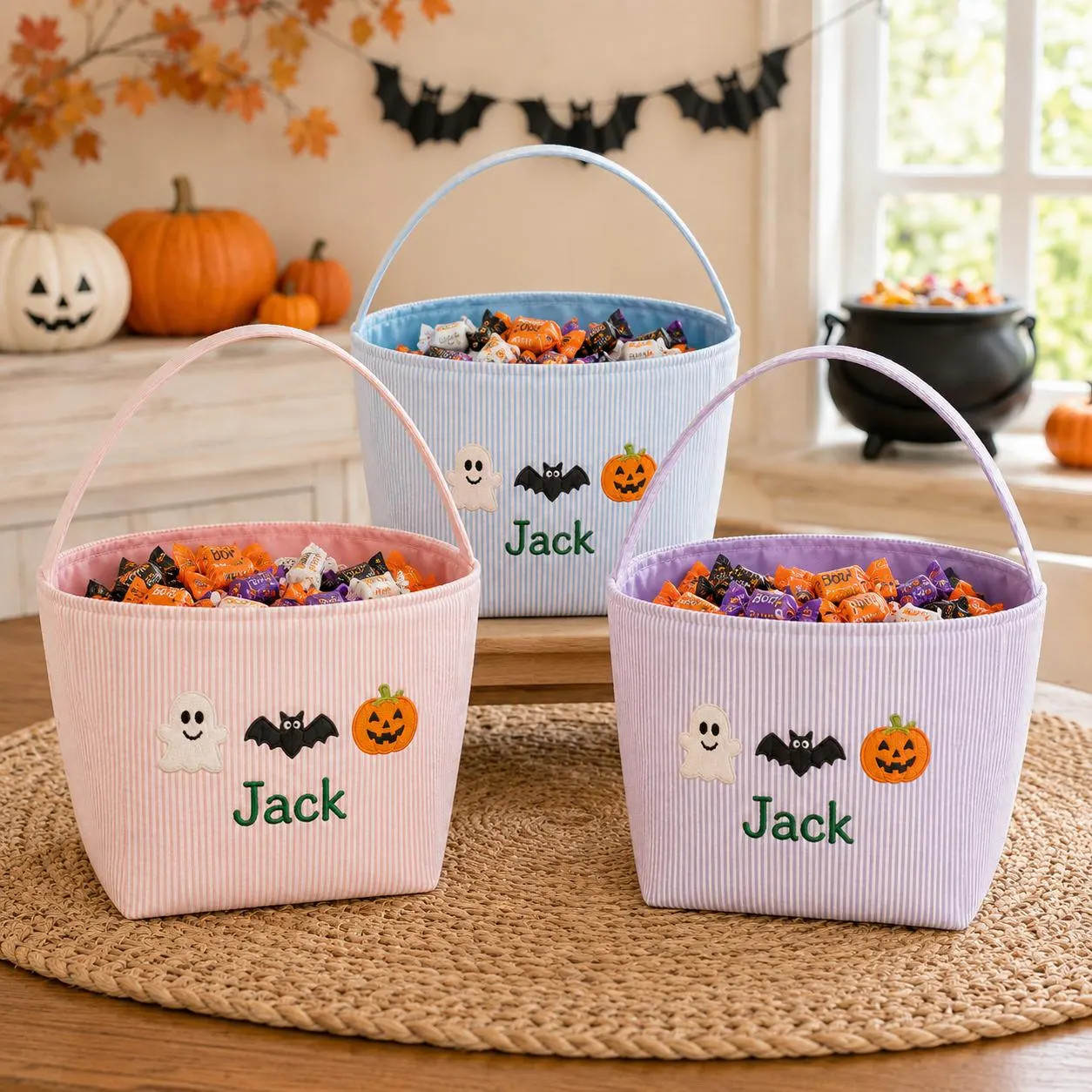 Embroidered Seersucker Halloween Candy Bucket, Personalized Trick or Treat Bag, Custom Name Basket for Kids, Toddler Halloween Gift | Etsy (Global)