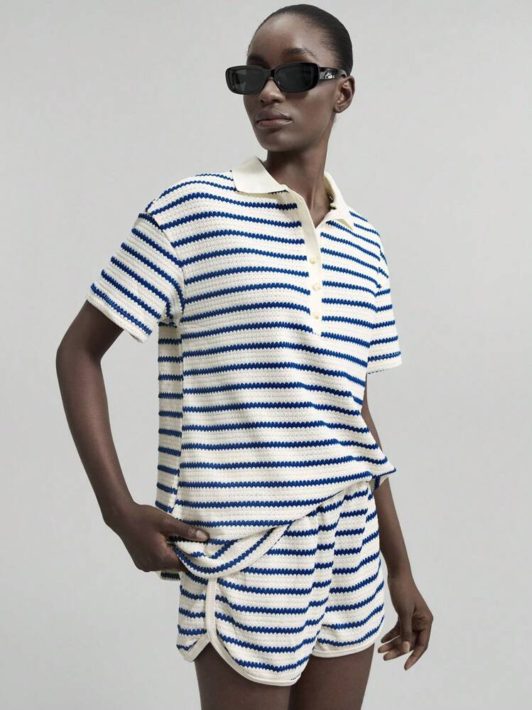 Ontre 2026SS Women's Colorblock Striped Polo Collar Short Sleeve Top And Shorts With Pockets, Suitable For Casual Business, Vacation, Beach, Birthday Party, Teacher Uniform, 2-Piece Set | SHEIN