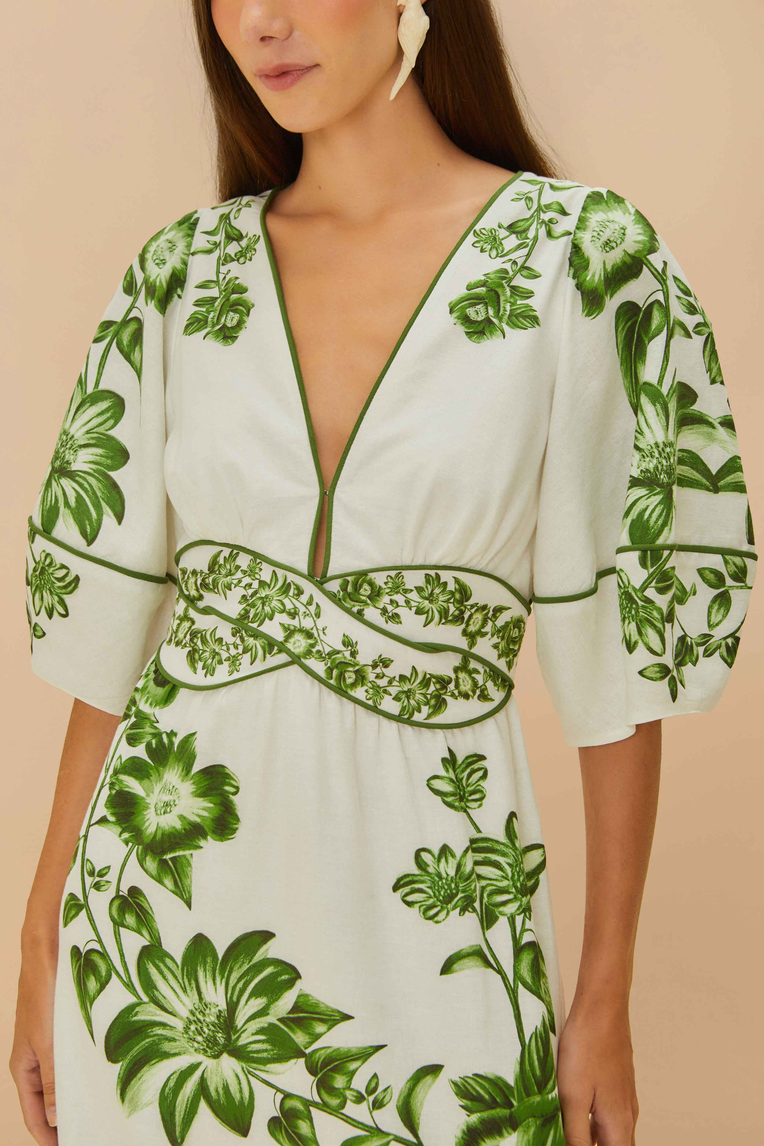 Off-White Green Floral Cascade LENZING™ ECOVERO™ Euroflax™ Midi Dress | FarmRio (US)