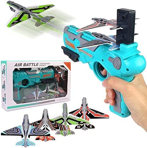 Rusee 4 Pack Airplane Toys with Launcher, Flying Toy Auto-Launcher with 4Pcs Foam Glider Planes, Out | Amazon (US)