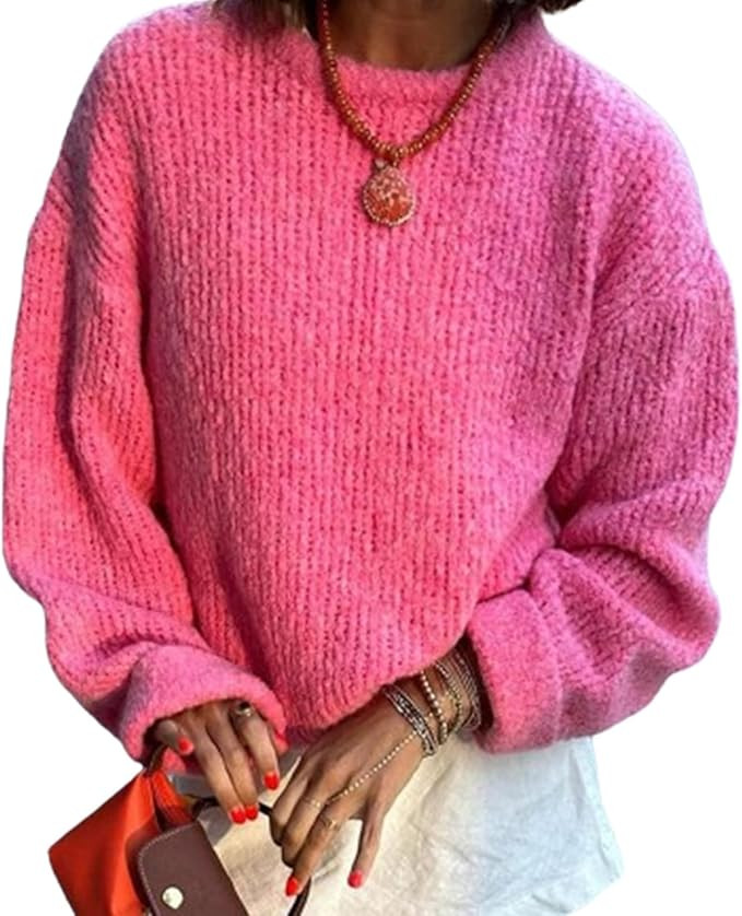 Women Loose Knit Sweater Sweet Solid Color Long Sleeve Round Neck Pullovers Spring Fall Casual Ju... | Amazon (US)