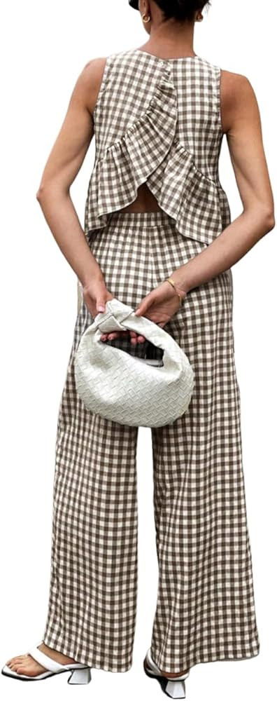 Women's 2 Piece Gingham Set Summer Outfits Ruffle Tank Top and Wide Leg Pants Matching Lounge Set | Amazon (US)