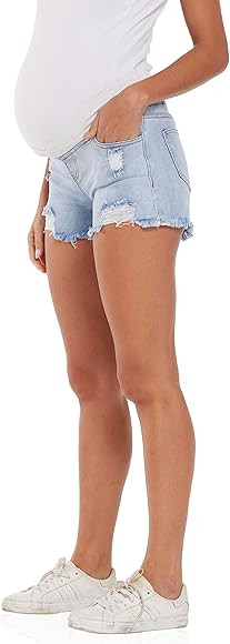 V VOCNI Maternity Women's Maternity Indigo Blue Mom Tassel Secret Underbelly Denim Shorts | Amazon (US)