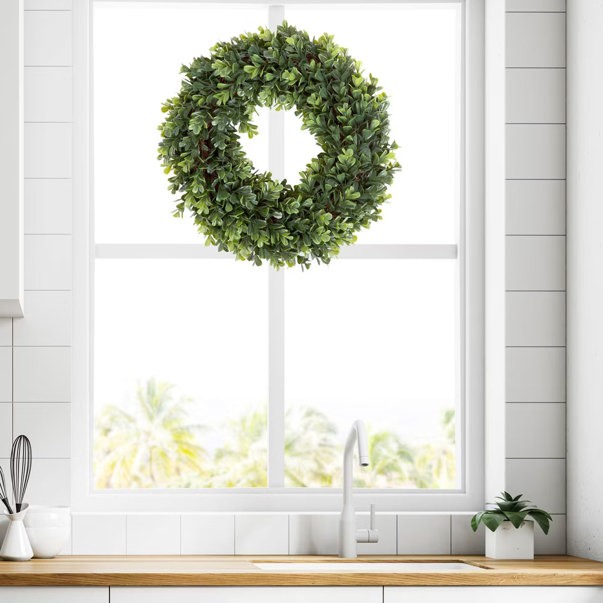 Artificial Boxwood Wreath - 12 Inch UV-Resistant Plastic Front Door Wreath and Window Decor for S... | Target