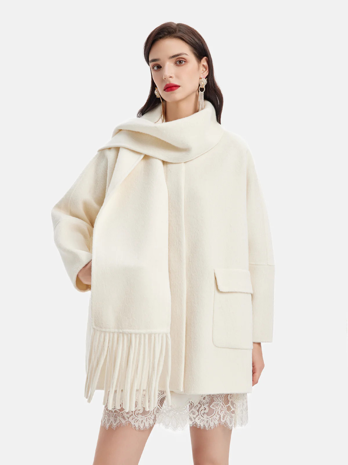 Fringe Neck Scarf Cashmere Coat | Richradiqs