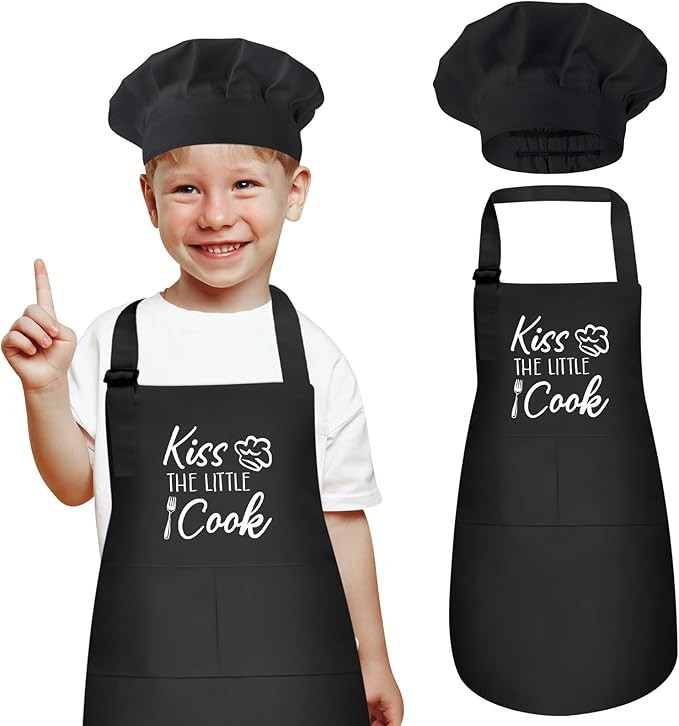 Kids Apron and Chef Hat Set, “Kiss The Little Cook” Apron Adjustable Child Apron Chef Trainin... | Amazon (US)