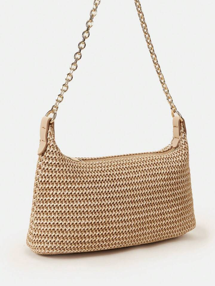 New Arrival Fashionable Bohemian Style Woven Rattan Bag With Chain Strap, Shoulder Bag, Suitable For Daily Casual, Vacation, Shopping And Outfit Matching, Tready Crescent Moon Bag For Women | SHEIN