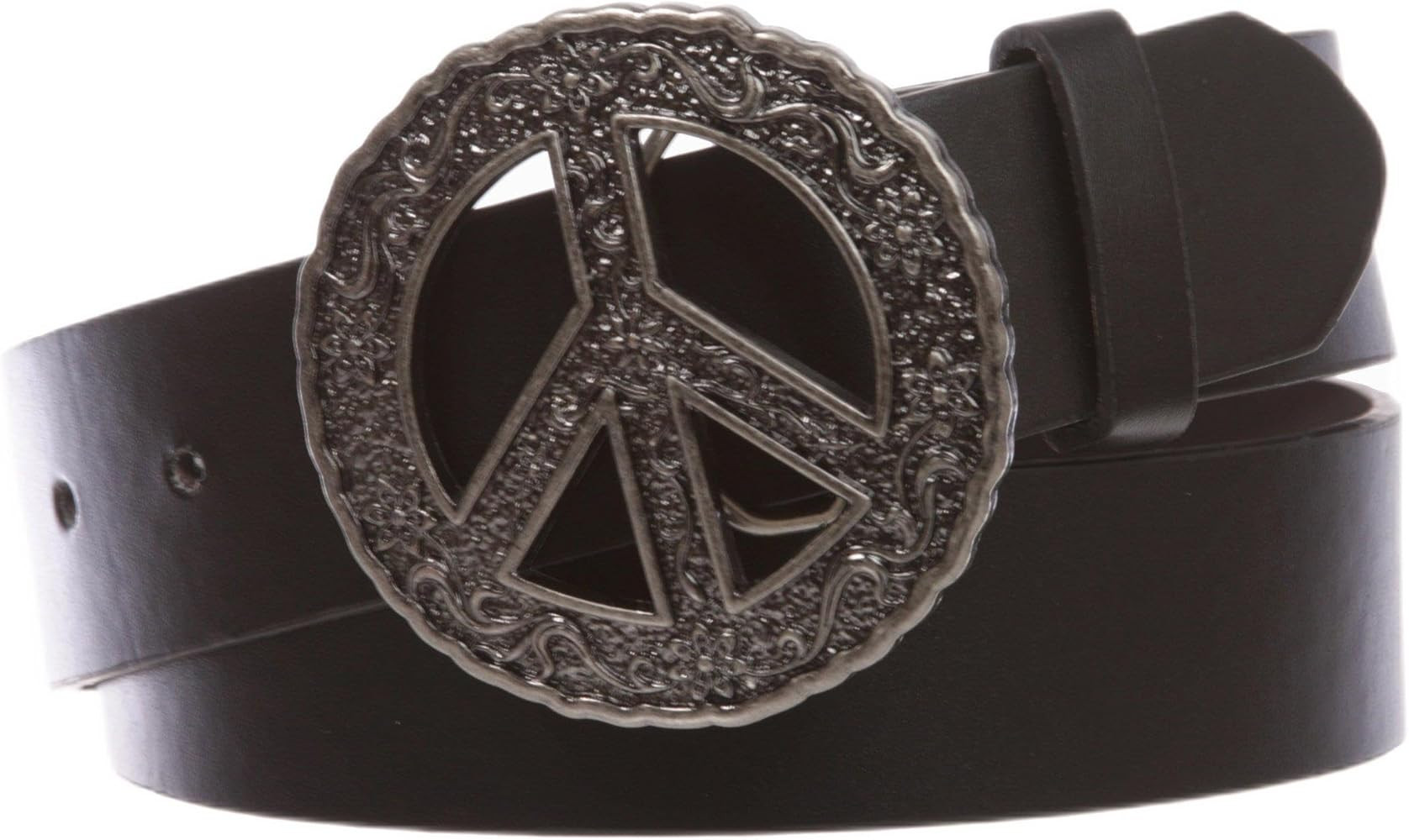 1 1/2" Snap On Belt With Round Perforated Floral Engraving Peace Sign Belt Buckle | Amazon (US)