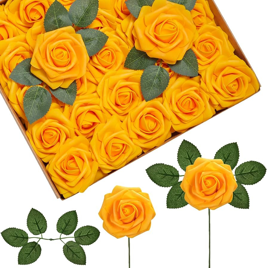 InnoGear Artificial Flowers, 50 Pcs Yellow Foam Fake Roses Bulk with Stems for Autumn Fall Decora... | Amazon (US)