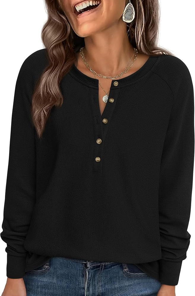 PRETTYGARDEN Women Long Sleeve Waffle Knit Shirts 2026 Fall Casual Button V Neck Loose Henley Top... | Amazon (US)