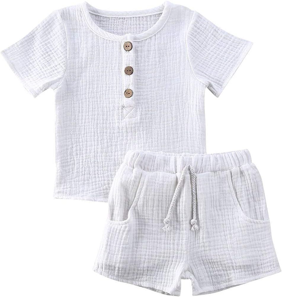 Toddler Baby Boy Girl Clothes Solid Linen Short Sleeve T-Shirt Tops Shorts Pants Unisex 2Pcs Summ... | Amazon (US)