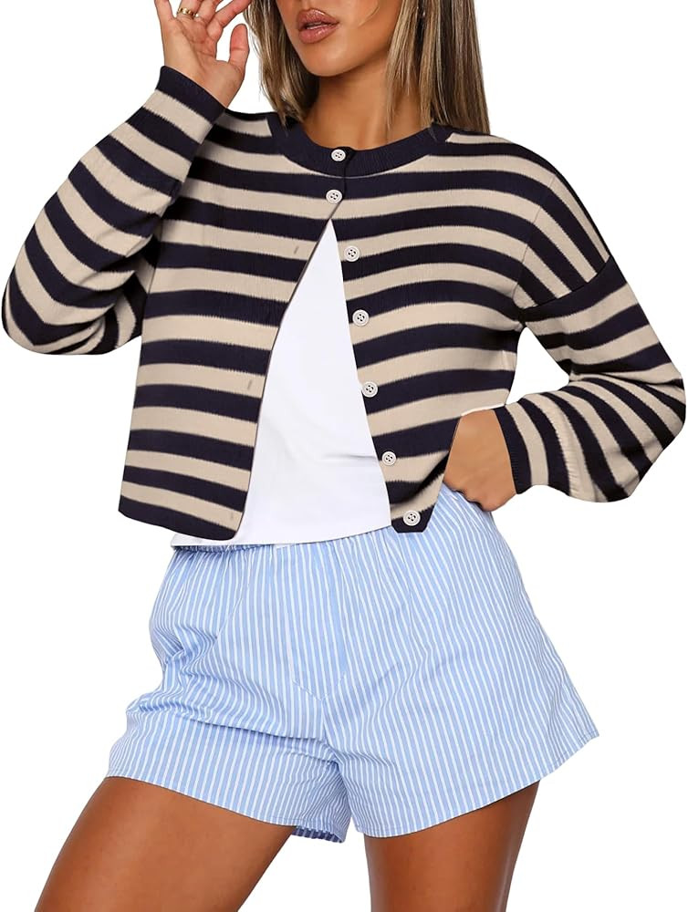 Kistore Womens Cropped Cardigan Sweaters Crew Neck Long Sleeve Button Up Sweaters Lightweight Kni... | Amazon (US)