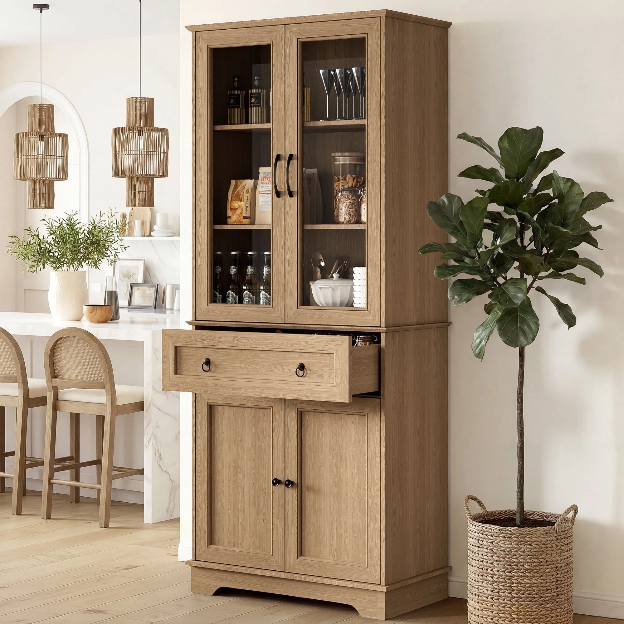 Fatmok 72" Tall Kitchen Pantry Storage Cabinet with Glass Doors, Farmhouse Hutch Cabinet with 4 D... | Walmart (US)