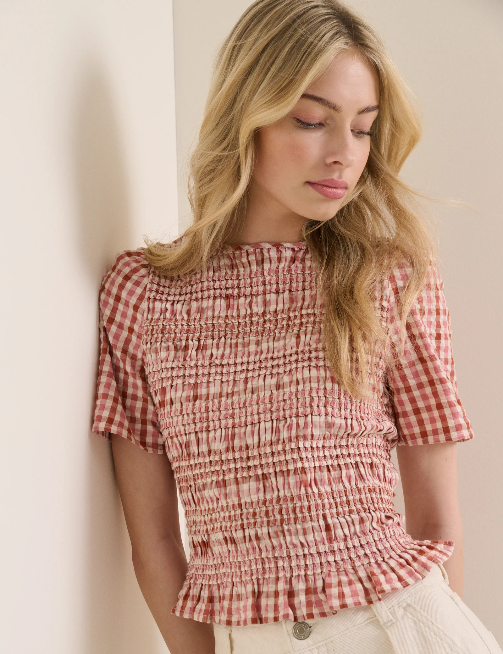 Red and Pink Gingham Shirred Top | Nobody's Child