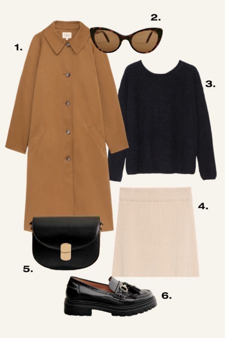 Classic and chic timeless essentials capsule wardrobe pieces. Boyfriend style trench coat, knit mini skirt, black leather shoulder bag, chunky loafers and a stylish cardigan all in neutral and versatile colors 