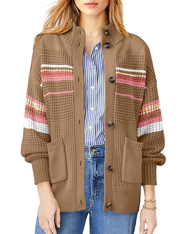 Dokotoo Womens Cardigan Sweaters Long Sleeve Casual Striped Color Block Cable Knit Fall Outfits w... | Amazon (US)