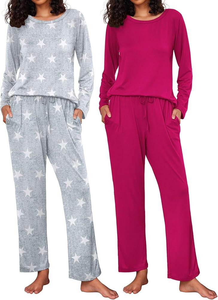 Ekouaer 2 Pack Womens Pajama Sets Long Sleeve Pjs Lounge Set Soft Comfy Sleepwear Winter Loungewe... | Amazon (US)