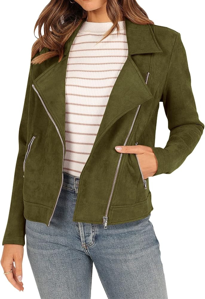 KIRUNDO Womens Faux Suede Jacket 2024 Fall Winter Clothes Casual Zipper Cropped Coat Bomber Biker... | Amazon (US)