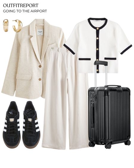 Travel outfit neural white trousers blazer cardigan and adidas trainers 

#LTKstyletip #LTKshoecrush #LTKitbag