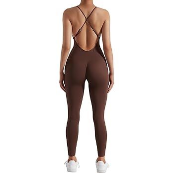 OMKAGI Women Strappy Backless One Piece Jumpsuits Seamless Tummy Control Workout Romper | Amazon (US)