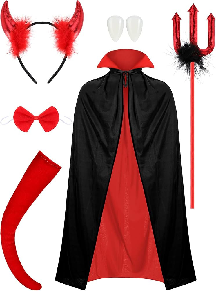 Newcotte 10 Pcs Halloween Devil Costume Set Reversible Cape Horn Headband Fork Bowtie Fangs Hallo... | Amazon (US)