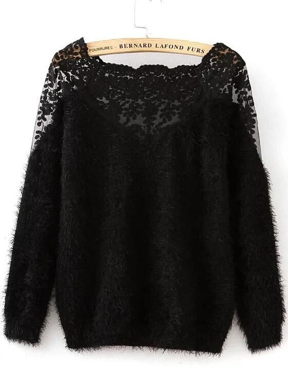 Black Lace Insert Boat Neck Mohair Sweater | ROMWE