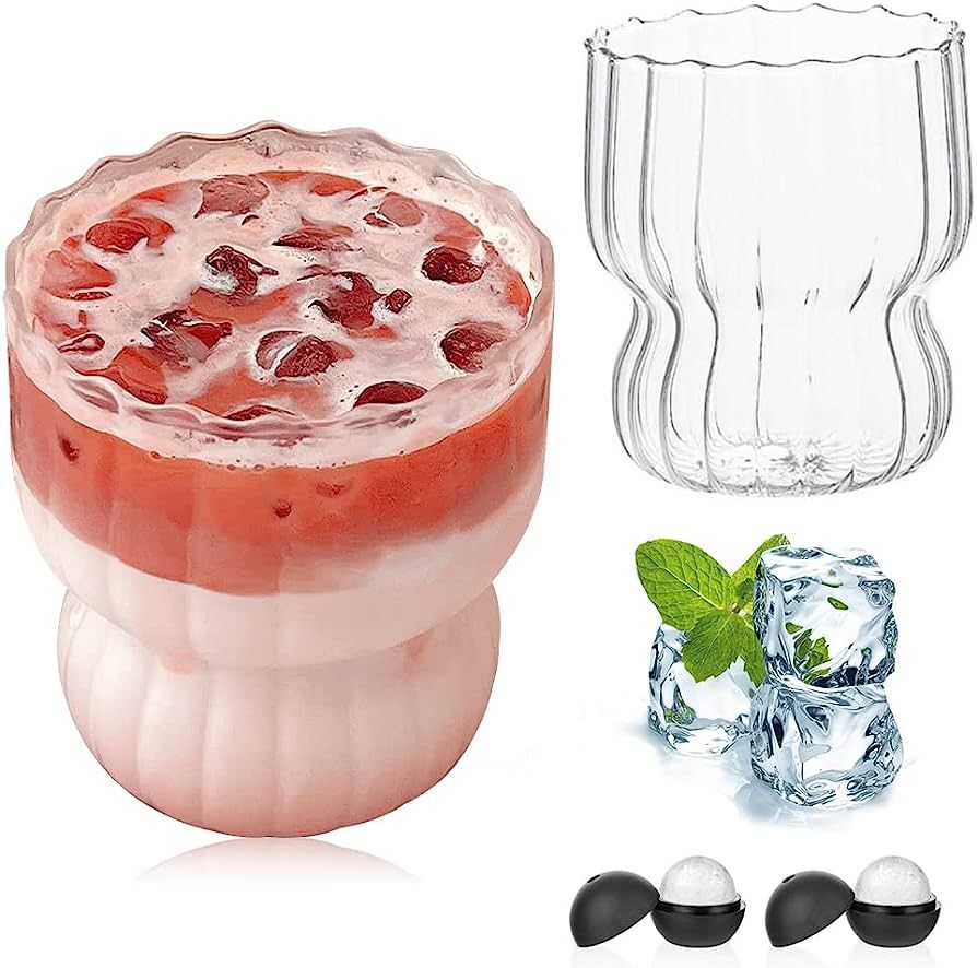 Peyan Ribbed Glass Cups,2 Pcs 9 Oz Origami Style Glass Cups with 2 Ice Ball Molds,Vertical Stripe... | Amazon (US)