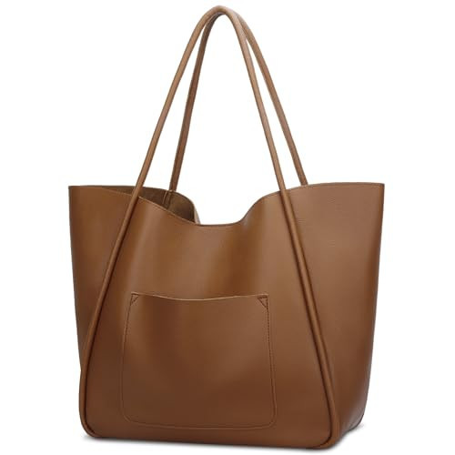 KKXIU Tote Bag for Women Vegan Leather Shoulder Purse Large Capacity Travel Bag - Light Brown | Amazon (US)