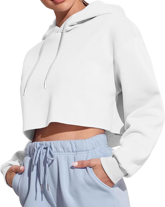 Women's Drawstring Cropped Hoodie Casual Hooded Sweatshirt Workout Crop Tops Fall Long Sleeve Hoo... | Amazon (US)
