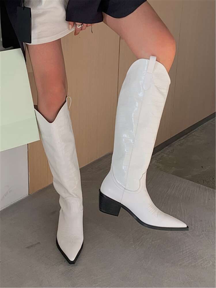 Croc Embossed Chunky Heeled Knee Boots | SHEIN