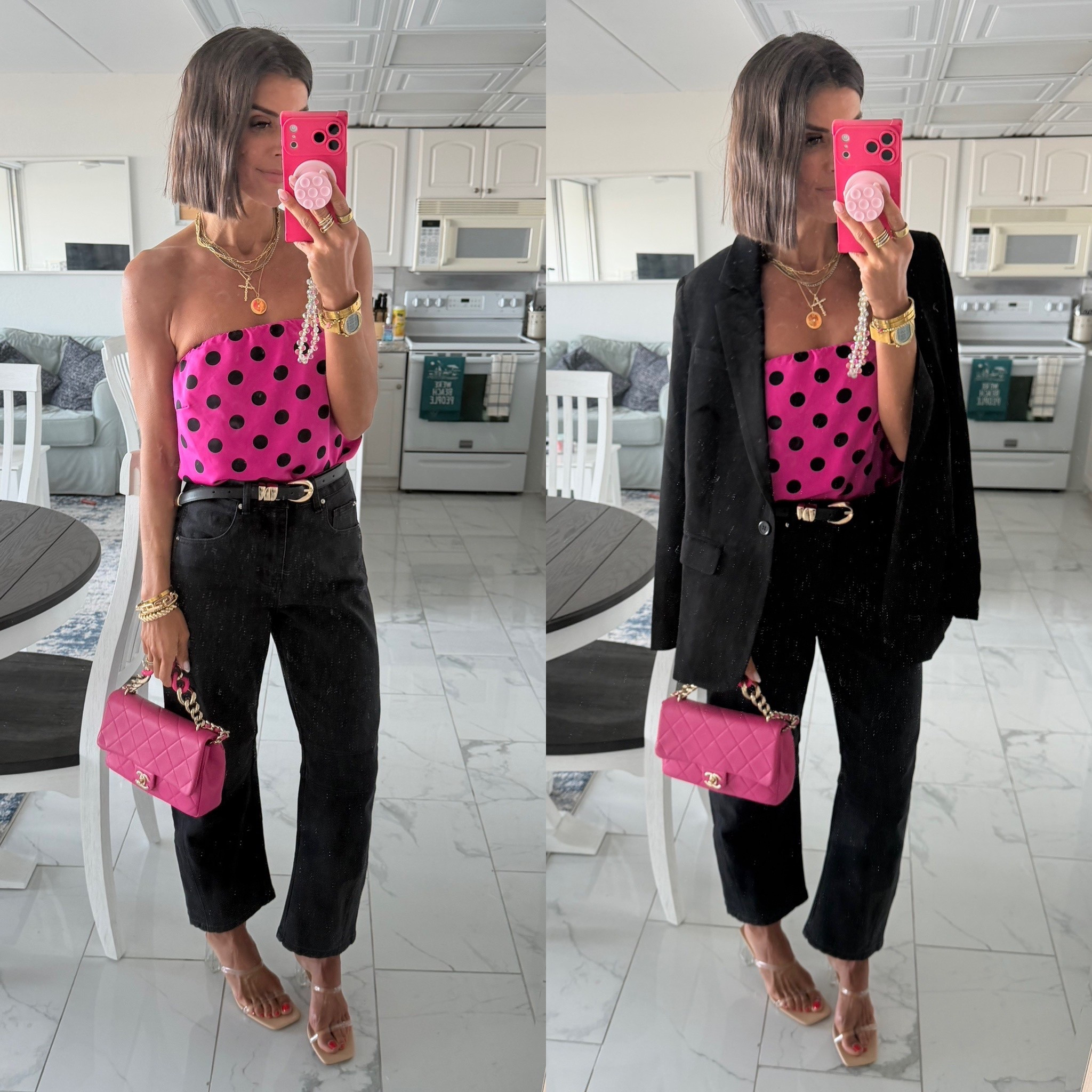 small in blazer and top, xs in jeans