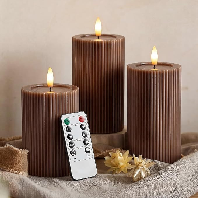 Fluted Ribbed LED Pillar Candles, Brown, with Realistic Reflective Melted-Wax Effect – Flickeri... | Amazon (US)