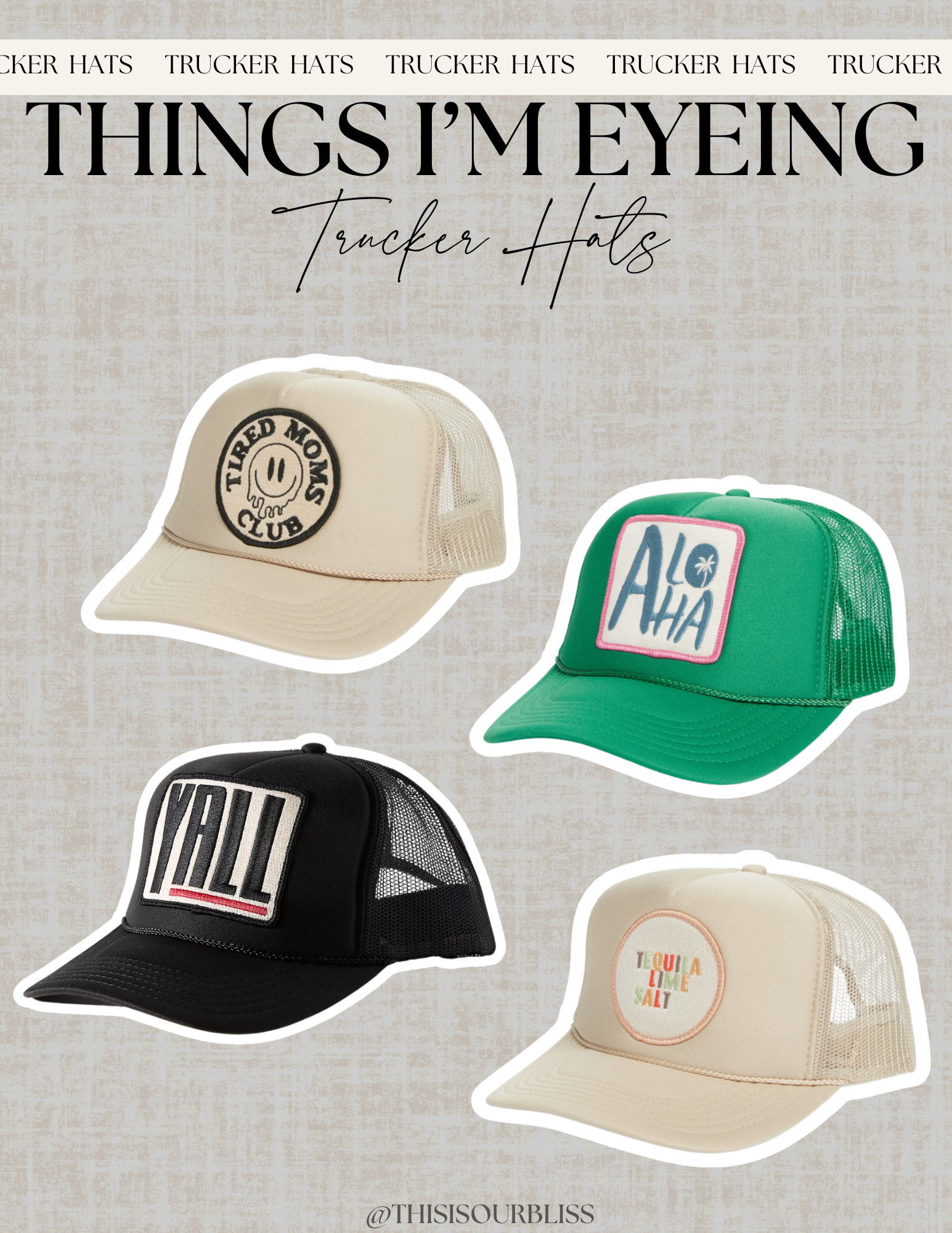 Trucker hats are having a moment, and I’m here for it! 🧢💖 Whether you're repping ‘Y’ALL’ or soaking up some ‘Tequila, Lime, Salt’ vibes, these are the cutest finds! Which one is your fave? 👇 #CasualCool #TruckerHatTrend 

 #LTKStyleTip