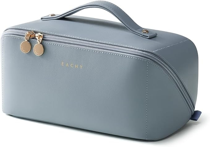 EACHY Travel Makeup Bag, Large Capacity Cosmetic Bag for Women, Waterproof PU Leather, Flat Open ... | Amazon (US)