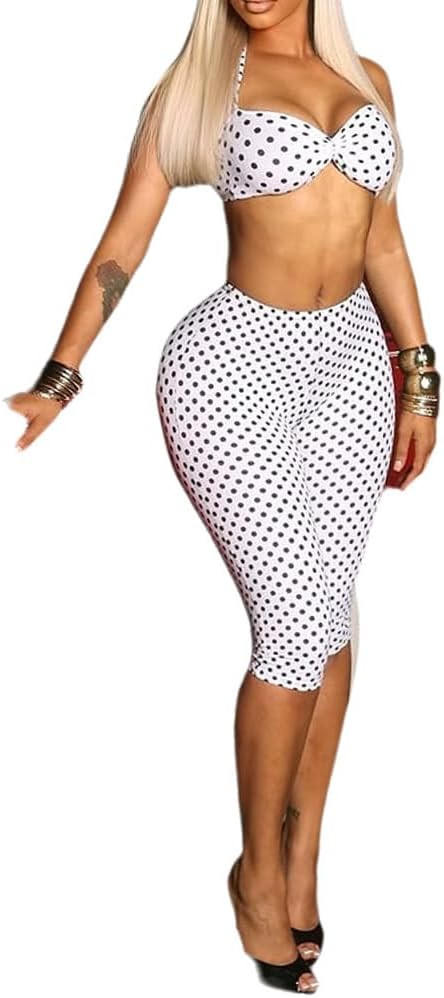 NIFTRIRY Polka Dot Set Halter Bra and Capri Pants Sexy 2 Piece Outfits for Women | Amazon (US)