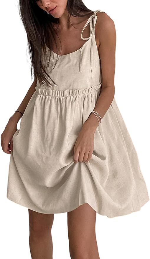 UANEO Summer Dresses for Women 2024 Cotton Linen Mini Sleeveless Tie Strap Dress Sundress | Amazon (US)