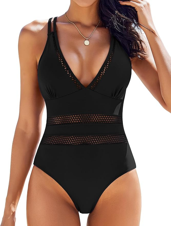 AI'MAGE Women One Piece Swimsuit Sexy V Neck Bathing Suits Tummy Control Swimsuits Mesh Hollow Ou... | Amazon (US)