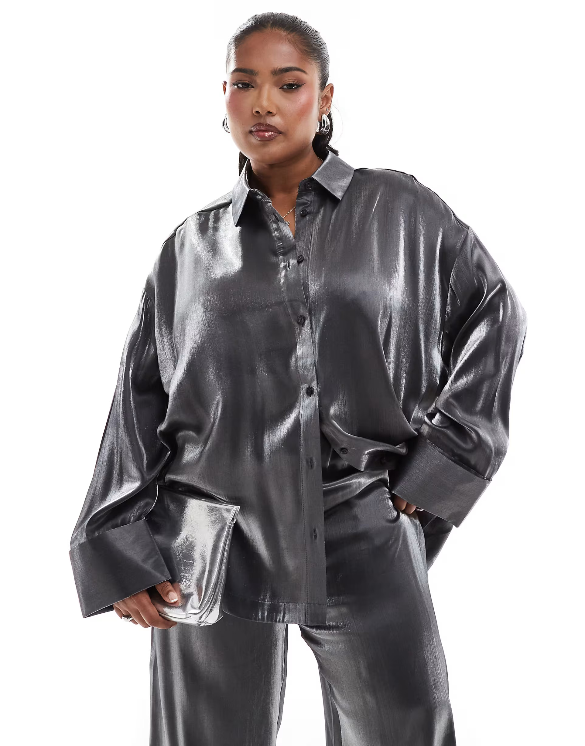ASOS DESIGN Curve oversized satin shirt in silver co-ord | ASOS (Global)