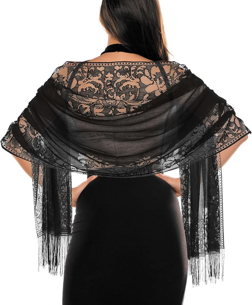 Jeffdad Women's Floral Lace Scarf Shawl wif Tassels for Women's Evening Dress Evening Party Mesh ... | Amazon (US)