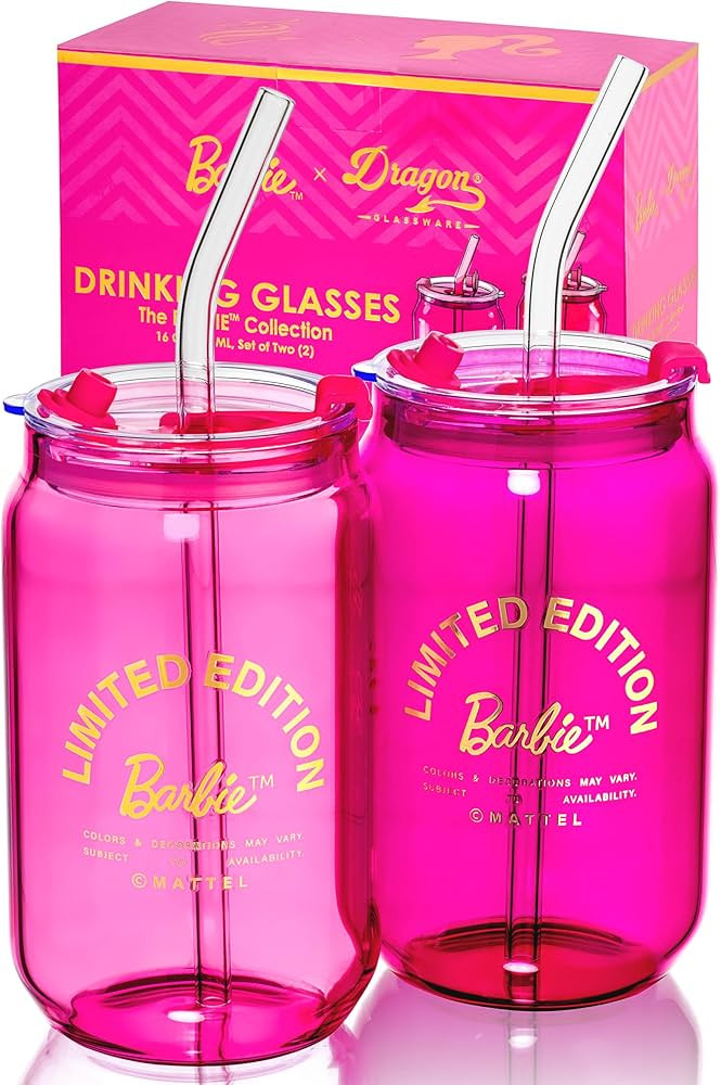 Dragon Glassware x Barbie Drinking Glasses - Pink and Magenta - 16 oz Can Shaped Glass Cups with ... | Amazon (US)