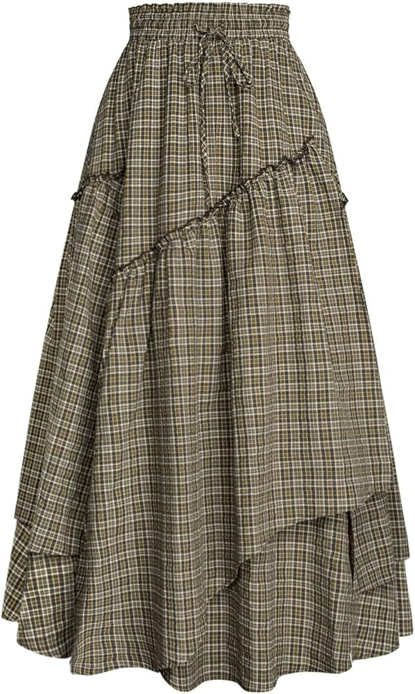 Women Plaid Skirt High Waist A Line Tiered Long Skirt with Pockets | Amazon (US)
