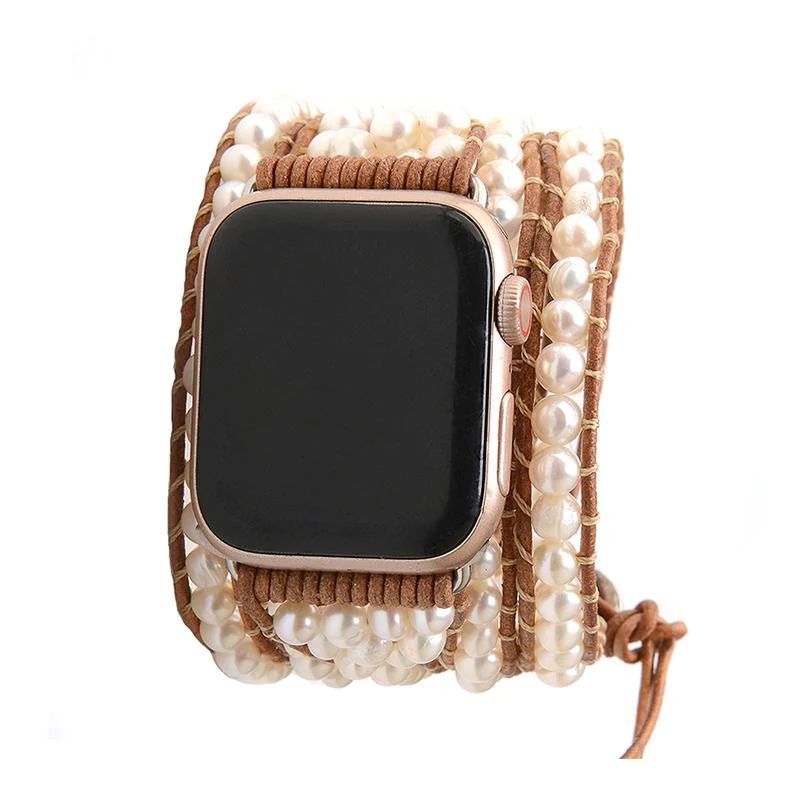 Freshwater Pearls on Natural Apple Watch Strap | Victoria Emerson