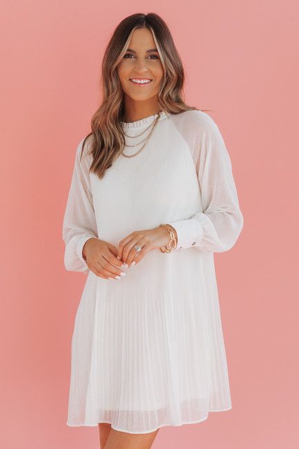 White Long Sleeve Pleated Mini Dress | Magnolia Boutique